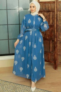 Clothes - İndigo Blue Hijab Dress 100341685 - Turkey