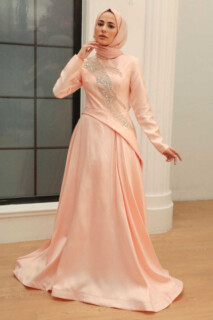 Woman - Powder Pink Hijab Evening Dress 100340712 - Turkey