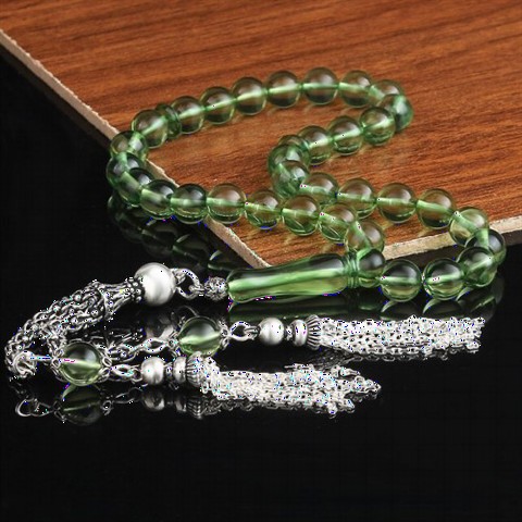 Rosary - مسبحة فضية مزينة بشراشيب أخضر مائي أصلية من العنبر 100352195 - Turkey