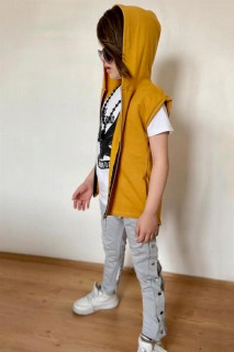 Boy Eagle Printed Zipper Detailed Hooded Vest Mustard Tracksuit Suit 100328431