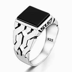 Black Onyx Square Stone 925 Sterling Silver Men's Ring 100346367