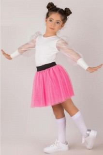 Kids - Girl's Organza Sleeve Silvery Pink Skirt Suit 100327197 - Turkey
