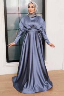 Woman - Blue Hijab Evening Dress 100341368 - Turkey