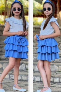Girls Ruffle Collar Layered Collar Bow Detailed Blue Skirt Suit 100328529