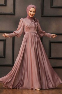 Woman Clothing - Dusty Rose Hijab Evening Dress 100336357 - Turkey