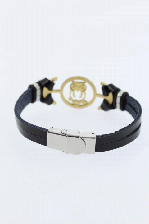 Gold Color Owl Figured Black Color Leather Men's Bracelet With Metal Accessories 100318583