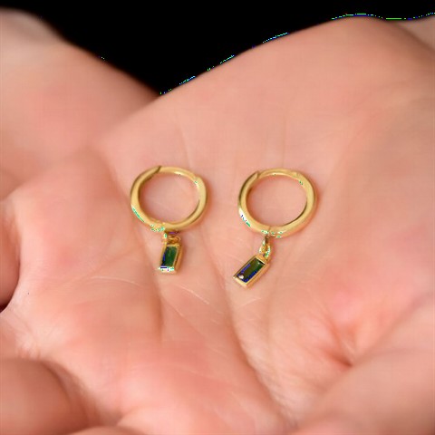 Jewelry & Watches - Green Baguette Stone Women's Silver Earrings 100350005 - Turkey
