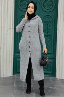 Outwear - Grey Hijab Knitwear Cardigan 100345031 - Turkey