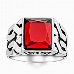 Red Square Stone 925 Sterling Silver Men's Ring 100346368