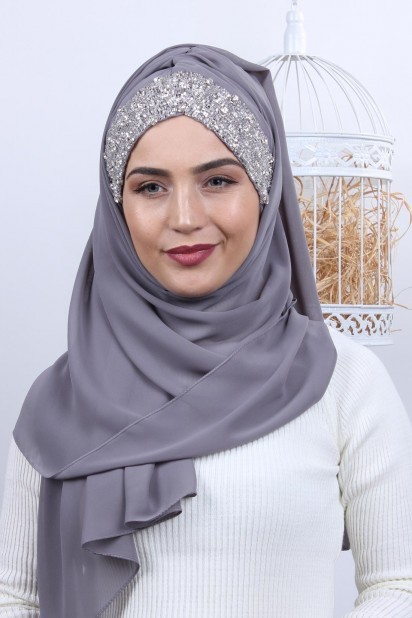 Woman Hijab & Scarf - Stone Design Bonnet Shawl Gray 100282970 - Turkey