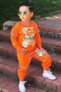 Boys Teddy Bear Printed Stripe Detailed Crew Neck Orange Tracksuit Suit 100344694