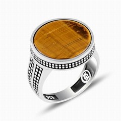 Men Shoes-Bags & Other - Tiger Eye Stone Dot Pattern Round Silver Ring 100347905 - Turkey