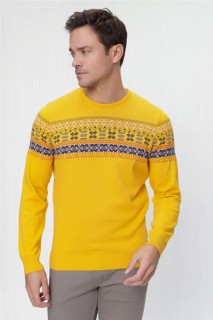 Knitwear - Men's Mustard Yellow Crew Neck Cotton Jacquard Knitwear Sweater 100345127 - Turkey