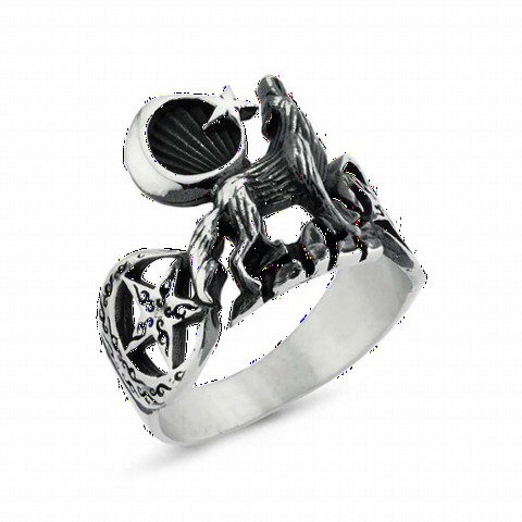 Animal Rings - Crescent and Star Symbol Gray Wolf Silver Men's Women's Ring 100348842 - Turkey