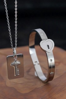 Keyed Handcuffs Steel Necklace and Heart Stainless Steel Bracelet Set 100318751
