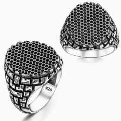 Stoneless Rings - Pit Array Honeycomb Patterned Silver Men's Ring 100348216 - Turkey