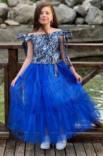Kids - Girl Embroidered Low Shoulder Tied Sleeves Blue Skirt Suit 100328548 - Turkey