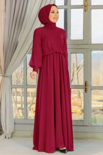 Evening & Party Dresses - Claret Red Hijab Evening Dress 100338572 - Turkey