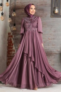 Woman Clothing - Dusty Rose Hijab Evening Dress 100336297 - Turkey