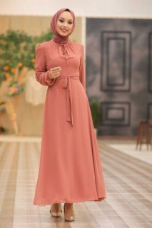 Woman Clothing - Dark Salmon Pink Hijab Dress 100336532 - Turkey