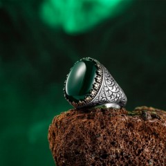 Green Agate Stone Ottoman Patterned Silver Ring 100346528