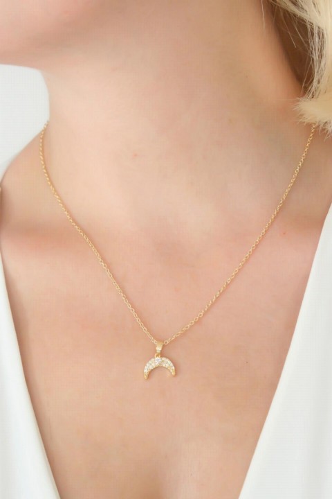 Gold Color Crescent Figure Zircon Stone Detail Women's Necklace Earring Set 100328133