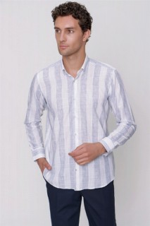 Top Wear - Men's Blue Linen Long Sleeve Regular Fit Comfy Cut Shirt 100351399 - Turkey