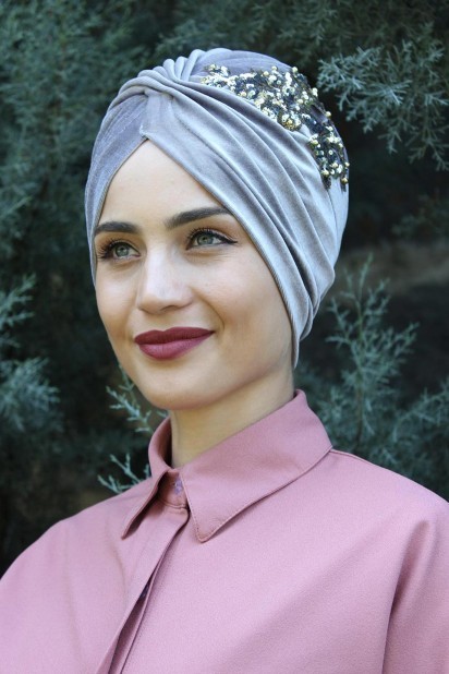 Woman Bonnet & Turban - Velvet Sequined Vera Bonnet Gray 100285067 - Turkey