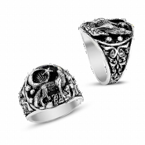 Animal Rings - Special Ground Embroidered Moon Star Gray Wolf Patterned Silver Men's Ring 100348850 - Turkey