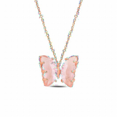 Other Necklace - Butterfly Model Silver Necklace with Pink Stone 100346948 - Turkey