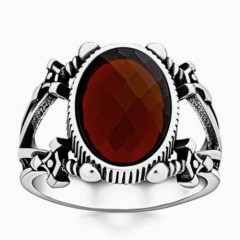Red Zircon Stone Sword Motif Sterling Silver Ring 100346393