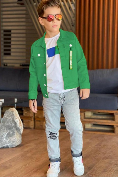 Boy Clothing - طقم جاكيت دنيم وسراويل من 3 قطع باللون الأخضر بجيب مفصل وجيب للأولاد 100328015 - Turkey