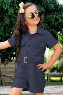 For Girls' Buttoned Double Pocket Short Sleeved Navy Blue Shorts Jumpsuit 100328379