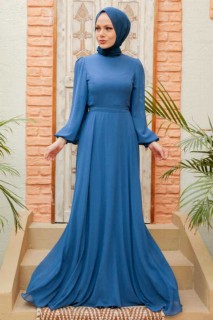 Evening & Party Dresses - İndigo Blue Hijab Evening Dress 100339539 - Turkey