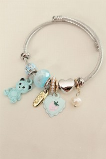 Bracelet - Blue Teddy Bear and Heart Charm Bracelet 100319990 - Turkey