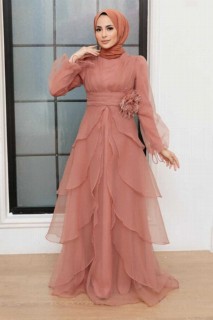 Evening & Party Dresses - Terra Cotta Hijab Evening Dress 100341375 - Turkey
