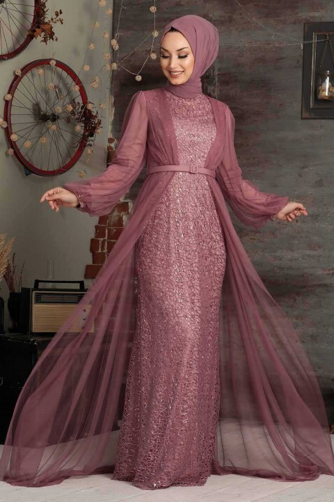 Woman Clothing - Dusty Rose Hijab Evening Dress 100333107 - Turkey