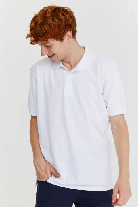 Men's White Basic Polo Neck Pocketless Battal Wide Cut Dobby T-Shirt 100351228