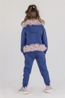 Girls' Hooded Fluffy Tulle Detailed Navy Blue Tracksuit 100328355
