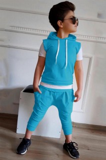 Tracksuit Set - Boy's Short Sleeved Turquoise Tracksuit Suit with Layered Waist and Hooded 100328398 - Turkey