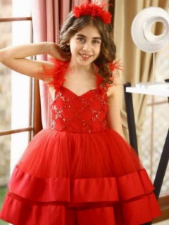 Evening Dress - Girl's Red Evening Dress with Pulpette Detail Baklava Slice 100326738 - Turkey