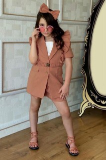 Girl Clothing - Boy's Blazer Jacket with Frill Shoulder and Waist Belt Brown Shorts Suit 100328489 - Turkey