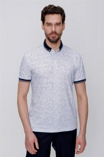 T-Shirt - Men's White Mercerized Button Collar Printed Dynamic Fit Comfortable Fit T-Shirt 100351421 - Turkey