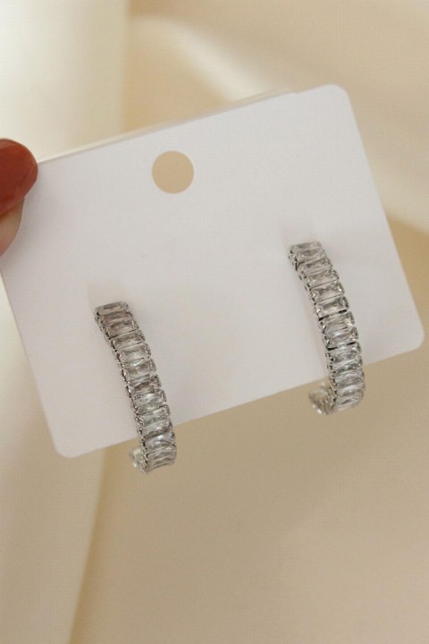 Earrings - Silver Color Baguette Stone Hoop Earrings 100320106 - Turkey