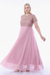 Plus Size - Plus Size Top Silvery Square Detail Long Evening Dress Powder 100276326 - Turkey