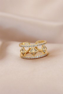 jewelry - Gold Metal Mini Square Patterned Zircon Stone Multi View Adjustable Ring 100319396 - Turkey