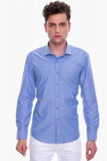 Shirt - قميص رجالي أزرق كحلي 100٪ قطن بقصة ضيقة وأكمام طويلة وياقة إيطالية مستقيمة 100351243 - Turkey