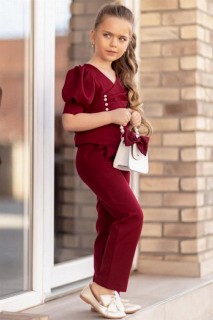 Outwear - Girls' Half Sleeve Strapless and Button Detailed Bag Claret Red Bottom Top Set 100328468 - Turkey