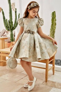 Girl Clothing - Girl Balloon Sleeve Silvery Floral Embroidered And Bag Mint Green Evening Dress 100327797 - Turkey