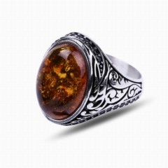 Men - Drop Amber Stone Side Zircon Stone Silver Ring 100347716 - Turkey